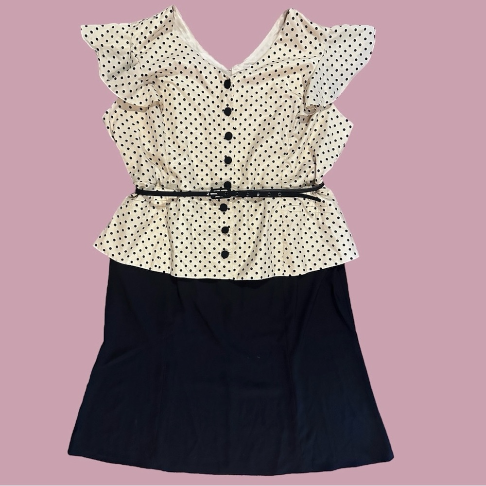 Unique Vintage Cream Polka Dot Pin Up Peplum Belted Dress Retro 4x